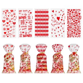 100 PCS Valentine's Day Treat Bags, 4 Styles Heart Lovers Print Pattern Cellophane Plastic Goodie Candy Snacks Cookies Packing with 100 PCS Twists for Valentine's Day Party Decor, Style 2