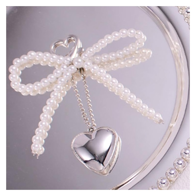 88flix Keychain, Pearl Charm, Heart Charm, Pearl Ribbon, Silver, Stylish,
