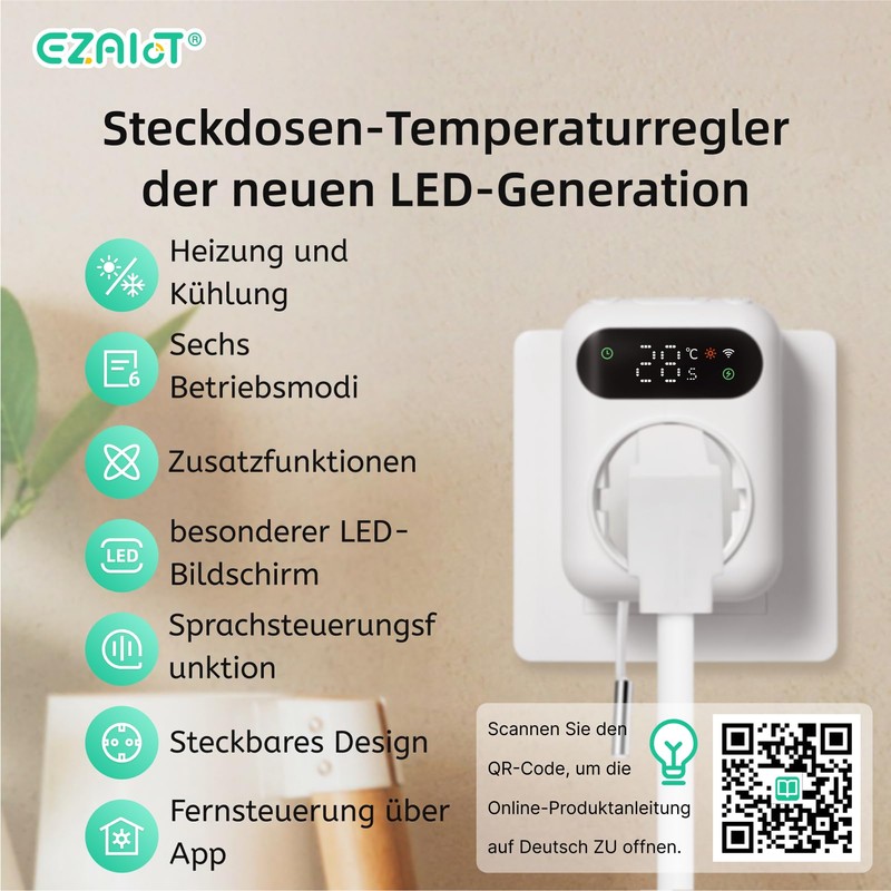 ezAIoT WLAN Socket Thermostat with Timer for Heating and Cooling