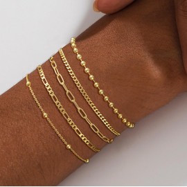 Relveo Gold Bracelets for Women 14K Gold Plating Bracelets Stack Trendy Jewelry Sets Dainty Stackable Cuban Link Paperclip Chain Bracelet Pack Fashion Jewelry Gifts for Womens