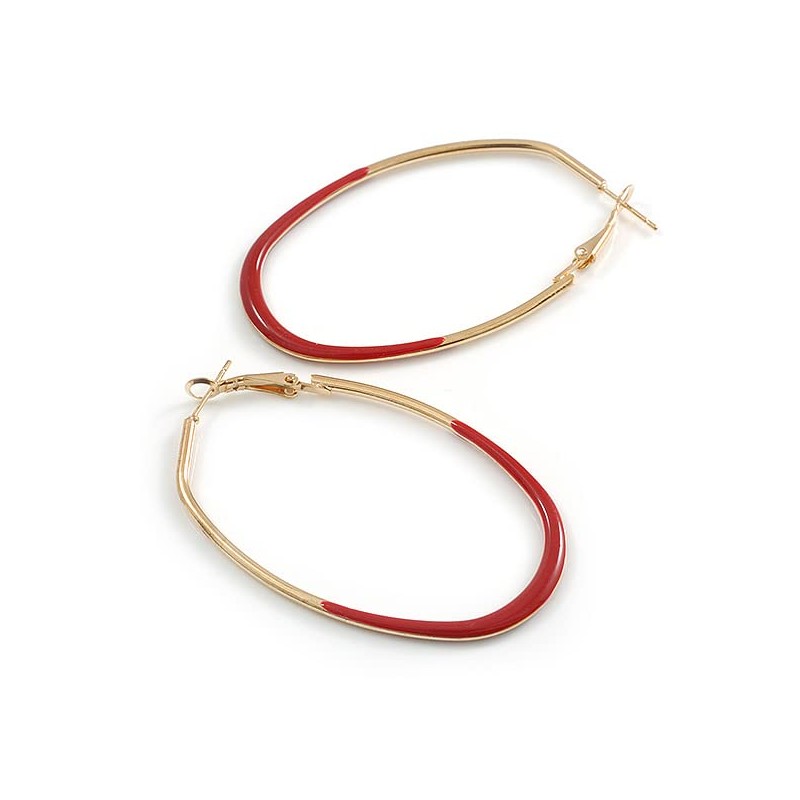 60mm Tall/Gold Tone with Red Enamel Oval Hoop Earrings/Large Size
