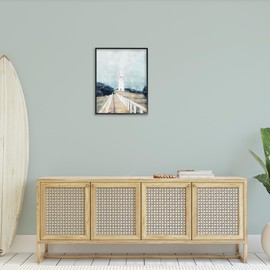 Stupell Industries White Lighthouse Boardwalk Rocky Cliff Coastal Landscape Water Black Framed Wall Art, 24x30, Blue