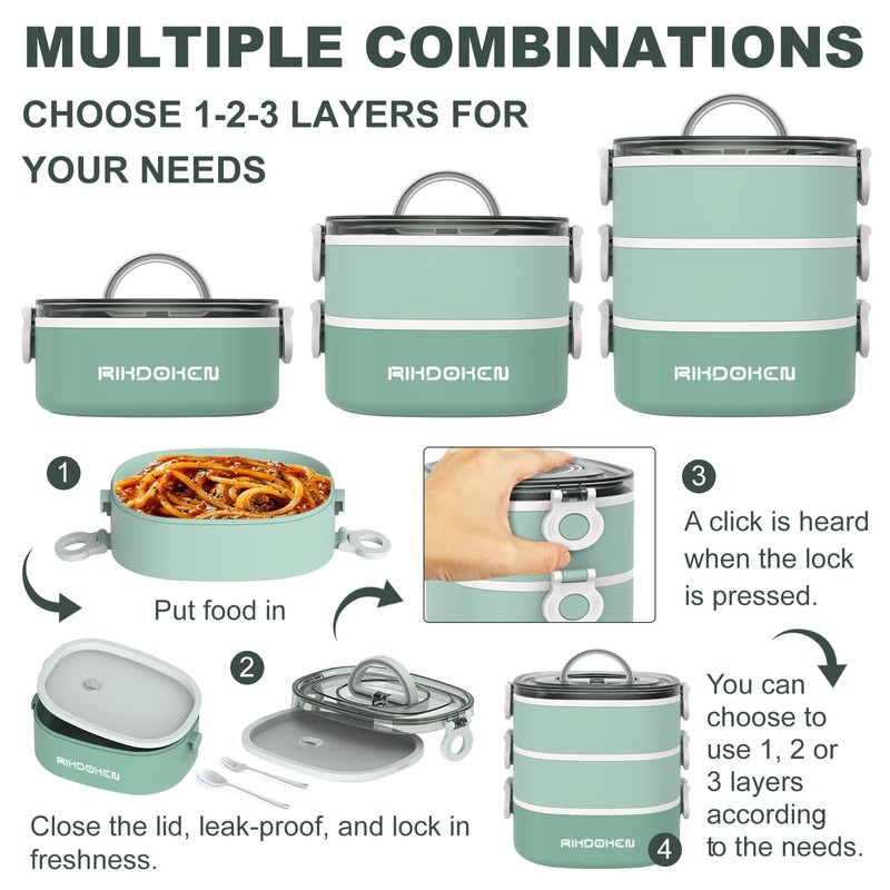RIKDOKEN Lunch Box, Stackable 3 Layers Containers, Portable 94OZ Large