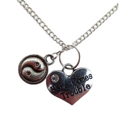Silver Plated Necklace Here Comes Trouble Love Heart Gem Charm Yin Yang