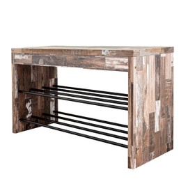 Danya B. HA83110 Industrial Home Decor â Decorative Shoe Bench in Distressed Wood Finish with Two Metal Storage Racks