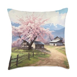 BlossomScapes Nature's Harmony Cherry Blossom Country Residence Throw Pillow, 18x18, Multicolor