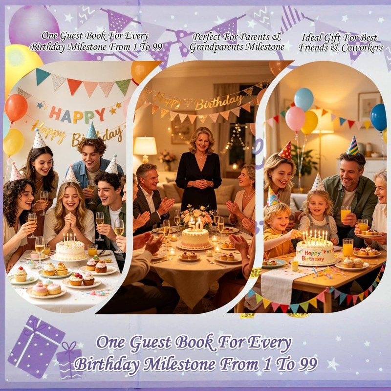 Purple Birthday Decoration Guest Book, 18x12 Inch Signing Board