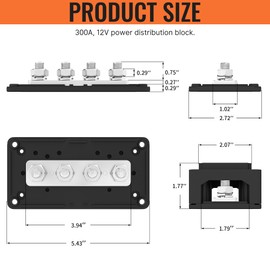 Joinfworld 300A Bus Bar 12V DC Waterproof Power Distribution Block with 4 x 3/8" Studs, Heavy Duty Marine Battery Bus Bar Terminal Block 12 Volt for Automotive, Car, Solar Wiring - Positive&Negative