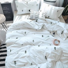 BuLuTu Kids Duvet Cover Full Size Cotton White/Grey,Premium Boys Girls Bedding Sets Twin,Single Bed Comforter Cover Zipper Closure,Forest Tree Print Pattern,Super Soft,Breathable,No Comforter