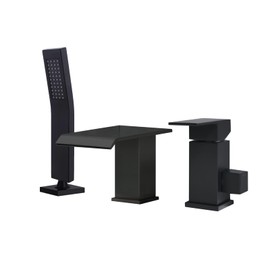 Beiyi Waterfall Roman Tub Faucet with Hand Shower Matte Black 3 Hole Bathtub Faucet with Sprayer Deck Mount Bath Tub Filler Set, BY012RB