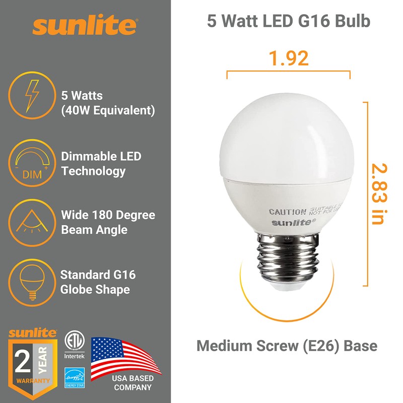 Sunlite G16 LED Dimmable Decorative Globe Vanity Light Bulbs, Frosted,