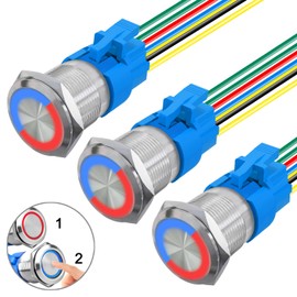 Fyimxsc 3 Pack 19mm Two Colors Self-Locking Metal Push Button Switch with Pre-Wired Stainless Steel Red Blue Swap 12V 24 Volt 5A LED Waterproof Latching 7 Pin Switch for Car Boat (Red and Blue)