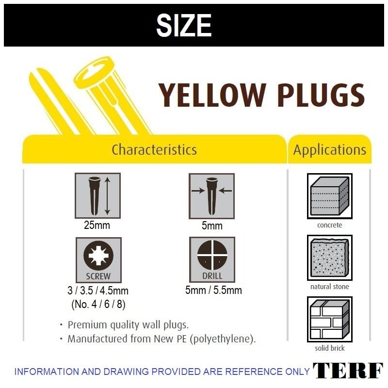 TERF® Premium Quality Yellow Wall Plugs - 5mm x 25mm