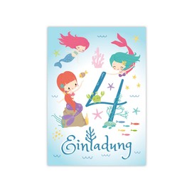 Minkocards 8 Invitation Cards Including 8 Envelopes for 4th Children's Birthday Girls Mermaid Invitation Fourth Birthday Children Invitation Set
