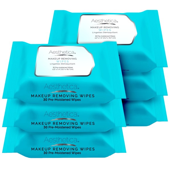 Aesthetica Makeup Removing Wipes - Facial & Eye Makeup Remover Wipes - 6 Pack Bulk (180 Wipes Total) Hypoallergenic & Dermatologist Tested - Oil & Fragrance Free - Made in USA
