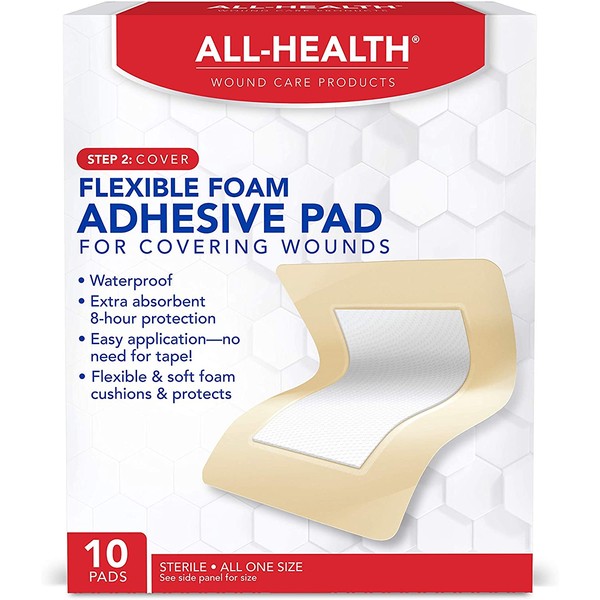 All Health Flexible Foam Adhesive Pad, 10 Pads, 3.5 in x 4.5 in, 8 Hour Protection | Waterproof Bandage for Covering Wounds