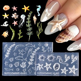 2Pcs Ocean Silicone Nail Molds,Summer Beach Nail Charm Design 3D Carving Template Resin Nail Art Mold Starfish Seashells Jellyfish Soft Silicone Nail Tools Nails Supplies for DIY Manicure Accessories