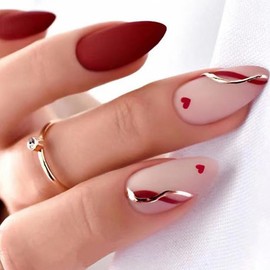 Valentine’s Day Press on Nails Medium Almond Fake Nails Wine Red False Nails with Red Heart Designs Love Glue on Nails Nude Pink Stick on Nails Full Cover Cute Acrylic Nails Glossy Artificial Nails