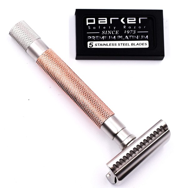 Parker THE SEMI SLANT, Double Edge Safety Razor and 5 Parker Blade Refills - Electroplated Rose Gold Solid Brass Handle - Delivers a Barbershop Shave at Home