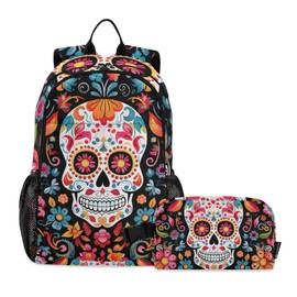 FUQIUMI School Backpack and Insulated Lunch Bag Set Teens Girls Boys Kids Schoolbag Set Sugar Skulls and Colorful Flowers Backpack