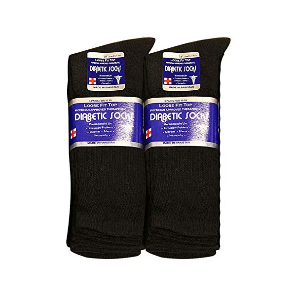 Physicians Approved Diabetic Socks Crew Unisex 3, 6 or 12-Pack (10-13, 6 Pairs Black)