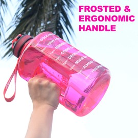 SLUXKE 1 Gallon Water Bottle with Time Marker BPA Free Motivational, 128oz Leak Proof Water Bottle Jug with Handle and Straw Pink