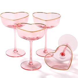 TrophyToast Pink Coupe Glasses Set of 4, Heart-Shaped Martini Glasses with Golden Rim, Fancy Manhattan, Cosmopolitan, Sidecar Cocktail Glassware for Christmas, Wedding, Birthdays - 8oz