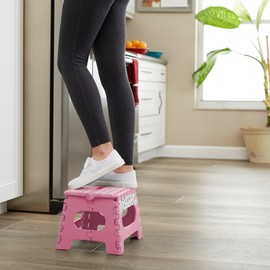 Casafield 9" Folding Step Stool with Handle, Pink - Portable Collapsible Small Plastic Foot Stool for Kids and Adults - Use in The Kitchen, Bathroom and Bedroom