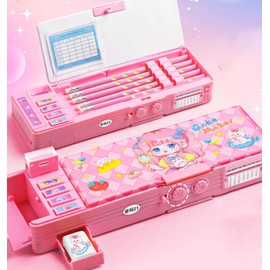 ASMANNA Pop up Multifunction Pencil Case for Kids, kawaii Pen Box Bag Pencil Holder for School Students,Cute Pencil box for Girls and Boys with Sharpener,Password Lock, Schedule, Whiteboard (Pink3)