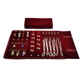 Portable Jewelry Roll Organizer, Velvet Travel Case with 4 Compartments, Storage for Necklaces, Rings, Earrings, Pendants (Red)