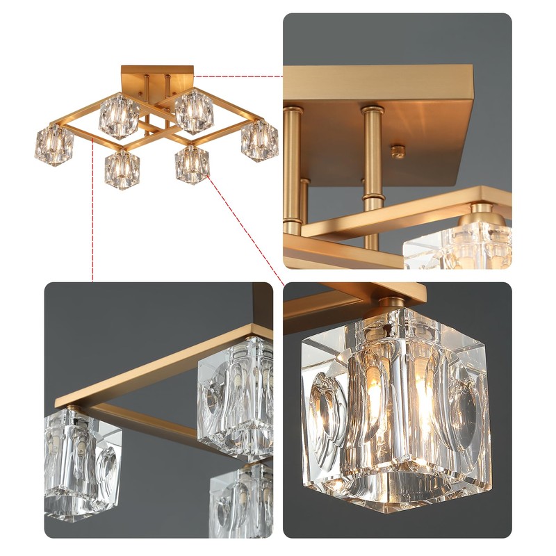 AMZASA Modern Crystal Chandelier,Gold Semi Flush Mount Ceiling Light Antique