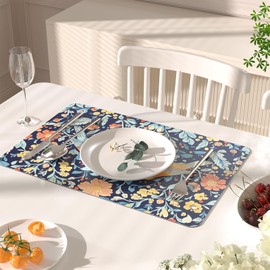 QIYI Faux Leather Placemats, Set of 4, Waterproof Oil-Proof Heat-Resistant PU Table Mats for Kitchen, Dining, Indoor & Outdoor Use, 45×30cm, Vintage Folk Art Birds and Floral Pattern