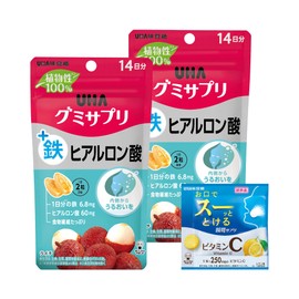 UHA Gummy Supplement, Iron + Hyaluronic Acid, 14 Day Supply (28 Capsules), Lychee Flavor, Set of 2 + Bonus