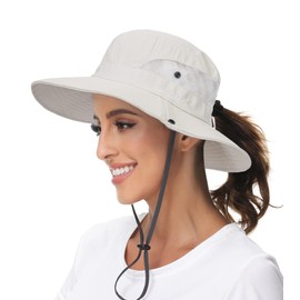 KorhLeoh Sun Hat for Women Uv Protection Mesh Wide Brim Beach Fishing Hat with Ponytail Hole