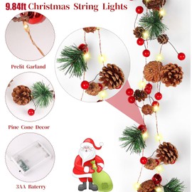 CCINEE 9.84ft Christmas Garland with Lights Pine Cone Berry Greenery Hanging Garland for Fireplace Christmas Tree Home Decoration