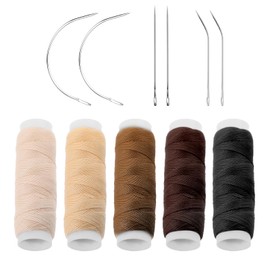 5 Rolls Professional Hair Extension Tools Hair Weaving Thread Hair Extensions Thread with 6 Pcs C/J/I Shaped Needles Sewing Threads and Needles Set for Making Wig DIY Hand Sewing Hair Weave Extension
