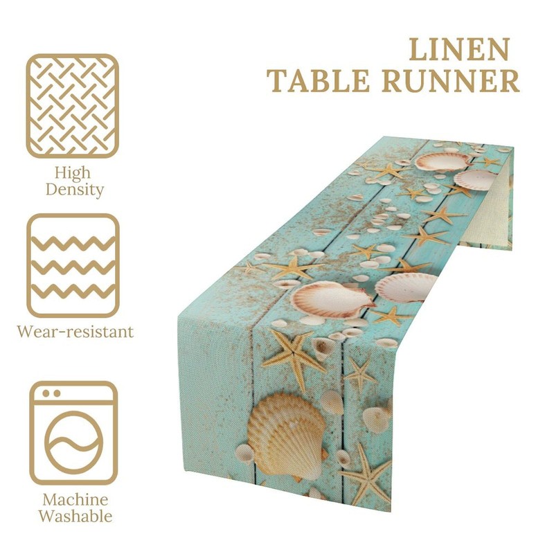 JanJCurt Starfish Seashell Table Runner, Summer Beach Nautical Coastal Rustic
