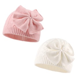 Winter Warm Knitted Baby Hat for Girls Cotton Lined Infant Toddler Girls Hat Autumn Cute Bow Classic Girls Beanie 0-6Y (White+Pink, S)