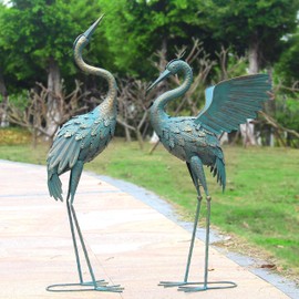 Oritty 33-37 Inch Metal Crane Garden Statue Décor, Bird Garden Sculpture & Statues, Outdoor Decoration for Yard Patio Lawn Backyard Pool, Vintage Spread Wings Crane, Set of 2