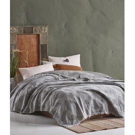 Wellstil Lotus | 2-Layer Muslin Blanket • King Size Turkish Cotton Blanket • Cozy Jacquard Woven Bedspread • Vintage Boho Throw Blankets for Sofa, Couch • Breathable Blanket 82x95 inches (Gray)