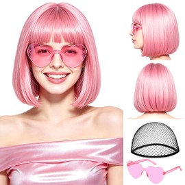 Pink Short Bob Straight Hair Wigs with Bangs, 11inch Synthetic Fiber Colorful Hair, Neon Heart-shaped Sunglasses and Wig Cap for Women, 80s 90s Costume, Halloween, Dress Up