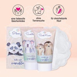 accentra I LOVE YOU Bath & Shower Set with Vanilla Scent - Gift Set for Relaxation for Women for Birthday or Christmas - 5-Piece Wellness Gift & Care Set with Mini Decorative Bathtub