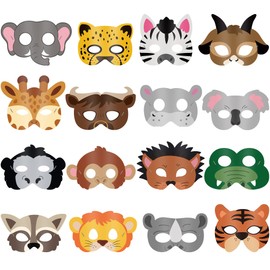Blulu 16 Pcs Safari Animal Masks for Kids Jungle Zoo Animals Cartoon Masks for Woodland Animal Theme Birthday Party Decorations