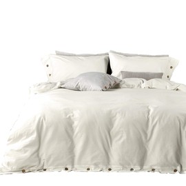 JELLYMONI White 100% Washed Cotton Duvet Cover Set, 3 Pieces Luxury Soft Bedding Set with Buttons Closure. Solid Color Pattern Duvet Cover Queen Size(No Comforter)