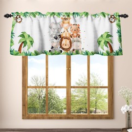 Renaiss 52 x 18 Inch Baby Safari Animals Linen Curtain Valance for Nursery Jungle Elephant Lion Plant Short Window Curtain Rod Pocket Palm Tree Kitchen Kids Bedroom Playroom Home Decor