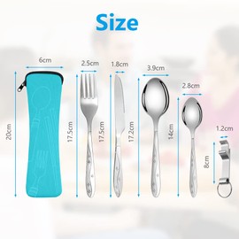 Vicloon Stainless Steel Cutlery Camping Cutlery Set of 6 Travel Cutlery Camping Stainless Steel with Fork, Spoon, Bottle Opener and Cutlery Bag, Stainless Steel Cutlery for Travel Camping Picnic (Sky