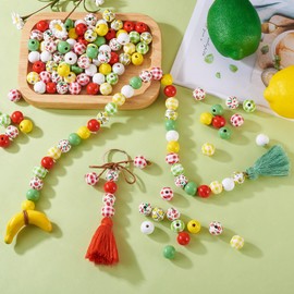 Boutigem 140Pcs 16mm Fruit Theme Round Wood Beads Bulk Plaid Wooden Beads Large Hole Farmhouse Garland Beads for DIY Summer Jewelry Making Crafts