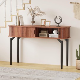 GarveeHome Fluted Console Table with Storage,Wood Sofa Table with Sliding Door,Entryway Table with Storage Space for Living Room,Couch,Hallway,Foyer,Walnut
