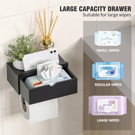 Domax Standard 8.46" Bamboo Toilet Paper Holder with Shelf and Storage Drawer - Wall Mount or Adhesive Bathroom Organizer for Tampons, Cotton Swabs, Wipes or More, Black