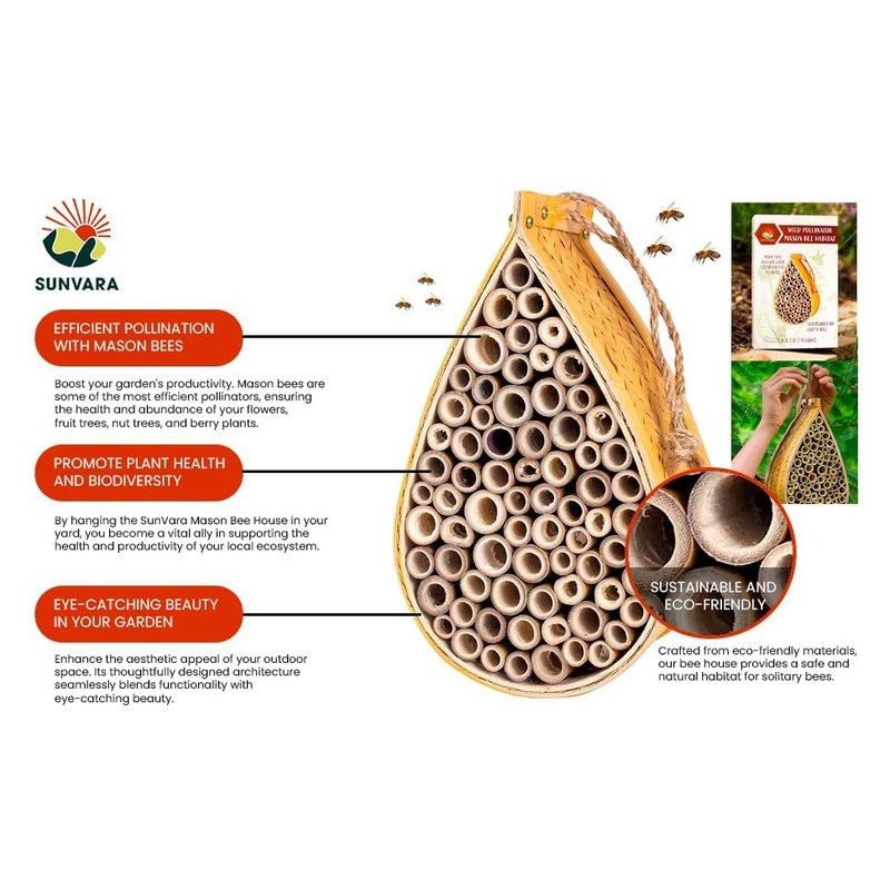 SunVara Mason Bee House for Pollinator Bees Gardering Gifts Bee